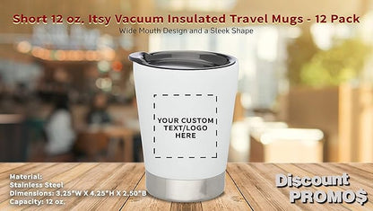Personalized 12 oz. Itsy Vacuum Insulated Travel Mugs - 12 Pack - Custom Text, Logo - White