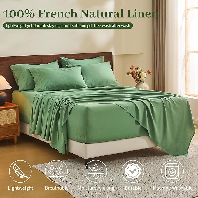MEISHANG 100% French Pure Linen Sheets Queen Size - 6 PC Extra Deep Pocket Sheet Set, Soft Durable Flax Linen, Anti-Tear Breathable & Oeko-Tex Certified 18-24 Deep Pocket,All Season(Sage Green)