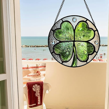 Stained Glass Window Hanging - St. Patrick's Day Green Irish Themed Gifts Sun Catcher Door Home Clover Decor Suncatcher Christmas Mother's Day Birthday Gifts for Women Men Mom Nana 6.3 in