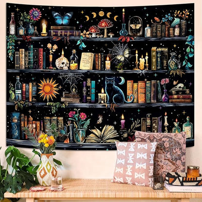YEXIT Magic Bookshelf Tapestry, Witches & Skulls Gothic Wall Tapestries Black Cat for Study Room Living Room Dorm Bedroom 60×80 inch