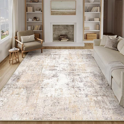 8x10 Washable Area Rug Beige Grey Abstract Living Room Bedroom Carpet Neutral Modern Non Slip Soft Low Pile Indoor Large Throw Rug for Dining Room Office