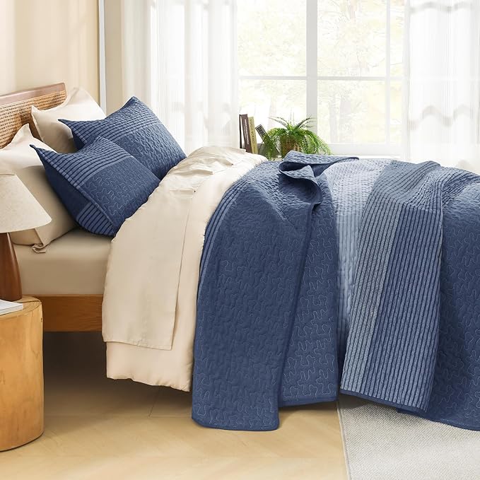 Litanika Oversized King Quilt Set Sapphire Blue, 120x120 Stripe Bedspread Coverlet 3 Pieces, Sapphire Blue Lightweight Quilted Bedding Set for All Season(Super King-1 Quilt, 2 Pillowcases)