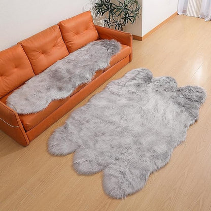 Faux Fur Rug Sheepskin Shag Fluffy Fuzzy Grey 2x6 ft Runner Rugs for Bedroom Bedside Bed Floor Living Room Plush High-Density Cushion Carpet Super Sofa Cover