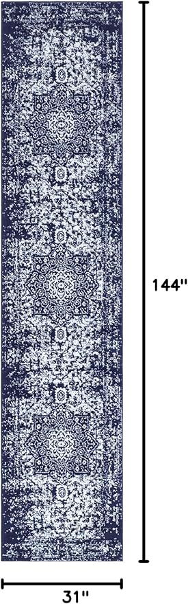 Rugs.com Arlington Collection Rug – 12 Ft Runner Navy Blue Medium-Pile Rug Perfect for Hallways, Entryways