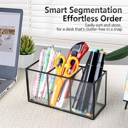 Pencil Holder for Desk,Tempered Glass Pen Holder,3&4 Compartments,Desktop Storage Organizer for Office Supplies,School Supplies,Pens,Markers,Pencils,Scissors,Paperclips (Black, 3 compartments)