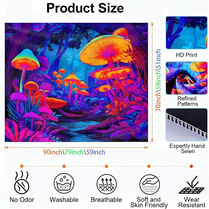 seewan Black Light Fantasy Mushroom Tapestry, Glow-in-the-Dark UV Neon Magic Forest Wall Hanging, Psychedelic Fantasy Nature Art Tapestry, Bedroom Dorm Living Room Background Decor