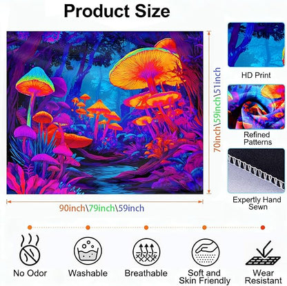 seewan Black Light Fantasy Mushroom Tapestry, Glow-in-the-Dark UV Neon Magic Forest Wall Hanging, Psychedelic Fantasy Nature Art Tapestry, Bedroom Dorm Living Room Background Decor