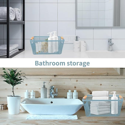 2Pack Metal Mesh Steel Basket with Bamboo Handle - Wire Metal Basket for Kitchen Organization, 12" Wide Food Organizer Bin, Perfect for Organizing Bulk Pantry (BLUE)