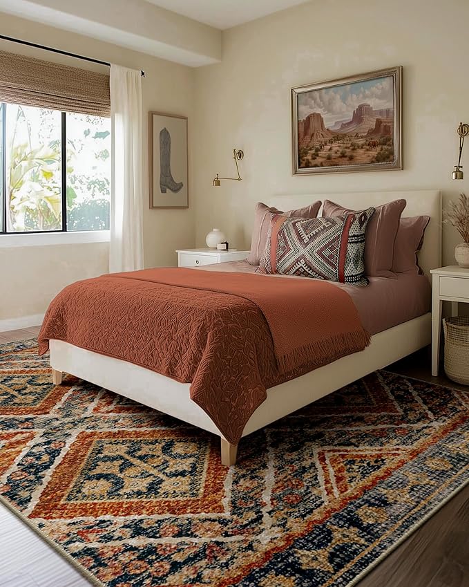 Area Rug 9x12 Rug Machine Washable Non-Slip Low Pile Print Pattern Fall Western Rug for Living Room Bedroom Entryway Tribal Series -Orange/Brown