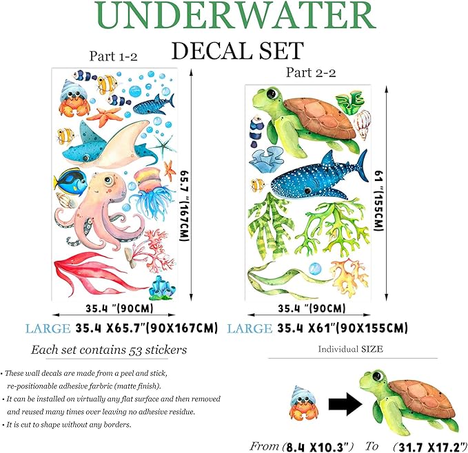 Ocean Playground Wall Decal - Cartoon Underwater Fun with Turtle, Whale, and Octopus, Removable Peel-and-Stick Fabric Art for Kids' Room and Playroom Décor (Extra Large)