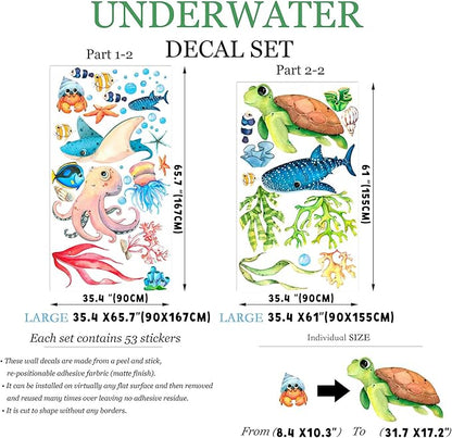 Ocean Playground Wall Decal - Cartoon Underwater Fun with Turtle, Whale, and Octopus, Removable Peel-and-Stick Fabric Art for Kids' Room and Playroom Décor (Extra Large)