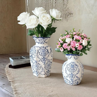 Chinoiserie Vase,9.5 inch Blue and White Vase,Vintage Ceramic Vases,Flower Vase for Centerpiece,Chinese Cute Vases for Living Room, Office,Home Decor (Blue White, Large)