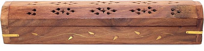 Govinda Wooden Coffin Incense Burner - 12" - Brass Inlays - Storage Compartment - Vines