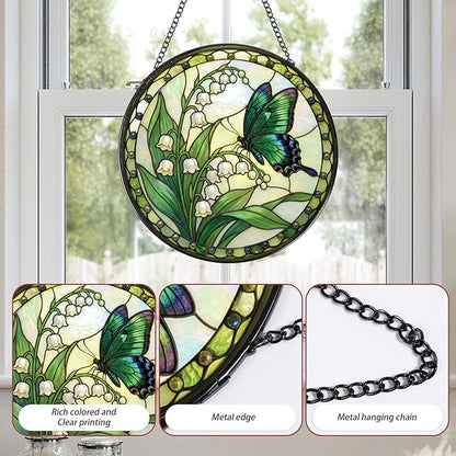 Rngmsi Stained Glass Window Hanging, 7.8″ Lily of The Valley Butterfly Sun Catchers Indoor Window Decor, Decorative Suncatchers Hanging Ornaments Home Garden Art Gift for Housewarming