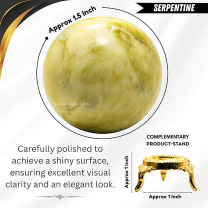 Amazing Gemstone Serpentine Crystal Ball with Stand - 1.5 Inches Crystal Sphere Meditation Balls for Witchcraft and Decorative Balls