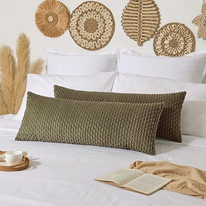 Kevin Textile 20x54 Inch Long Body Lumbar 1 Pack Boho Decorative Throw Pillow Cover Soft Striped Corduroy Rectangle Cushion Case Farmhouse Accent for Living Room Couch Sofa Bed, Olive Green