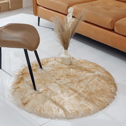 Faux Fur Rug Sheepskin Shag Fluffy Fuzzy 3x3 ft Rugs for Bedroom Bedside Bed Floor Living Room Plush Round High-Density Cushion Carpet Super Sofa Cover White and Yellow