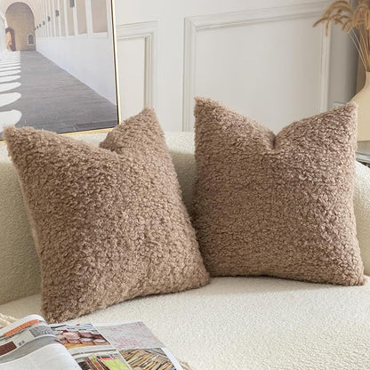 Yaertun Pack of 2 Faux Fur Throw Pillow Covers Decorative Sherpa Boucle Pillow Covers Fuzzy Soft Pillowcases Sheepskin Fleece Cushion Case for Couch Sofa Bed Living Room 24x24 Inch Khaki
