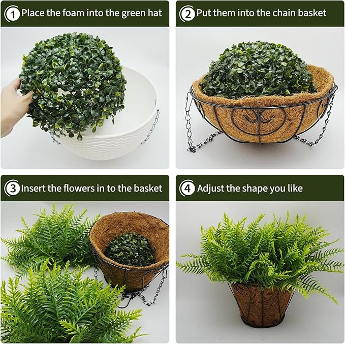 Hanging Planters with Plant Hangers for Indoor Outdoor Decor 2 Pack Artificial Green Fern 25CM Straight Coconut Fiber Hanging Baskets with Durable Iron