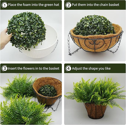 Hanging Planters with Plant Hangers for Indoor Outdoor Decor 2 Pack Artificial Green Fern 25CM Straight Coconut Fiber Hanging Baskets with Durable Iron