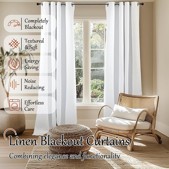 Lajode White Blackout Curtains for Living Room 90 Inch Length 2 Panels Set, Thermal Insulated Black Out Privacy Soundproof Grommet Farmhouse Linen Window Curtains for Bedroom Darkening, Each 52”Wide
