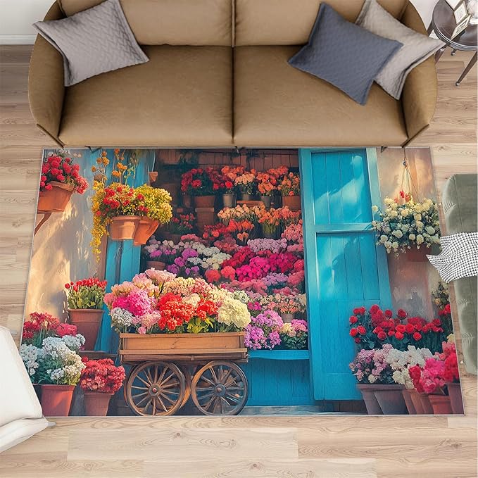 Pastoral Flowers 5x8 Area Rug Colorful Flower Shop Washable Rugs for Living Room Bedroom, Retro Wooden Door Soft Low Pile Non Slip Accent Floor Mat Print Throw Rug Indoor Carpet Dining Room Playroom