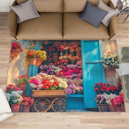 Pastoral Flowers 5x8 Area Rug Colorful Flower Shop Washable Rugs for Living Room Bedroom, Retro Wooden Door Soft Low Pile Non Slip Accent Floor Mat Print Throw Rug Indoor Carpet Dining Room Playroom