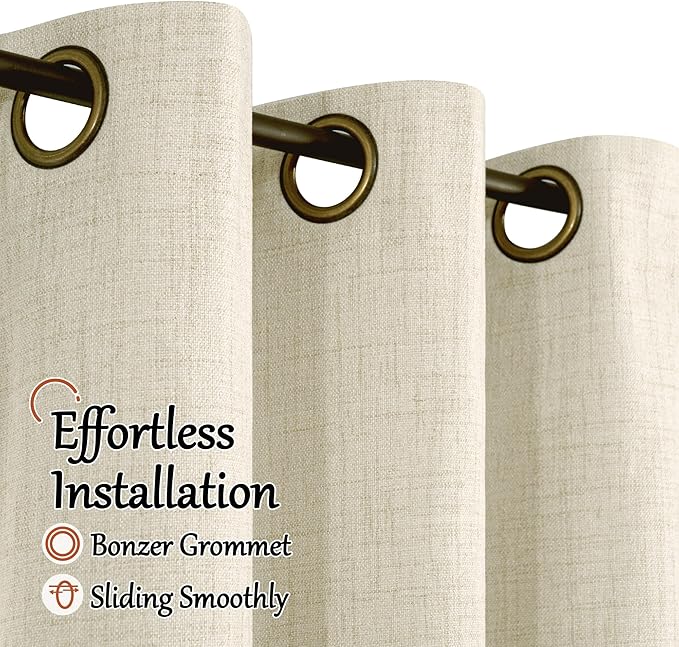 Lajode 100% Blackout Curtains for Bedroom 63 Inch Length 2 Panels, Thermal Insulated Complete Light Blocking Noise Reducing Linen Window Curtains for Nursery, Bronze Grommet, Each 52" Wide, Natural