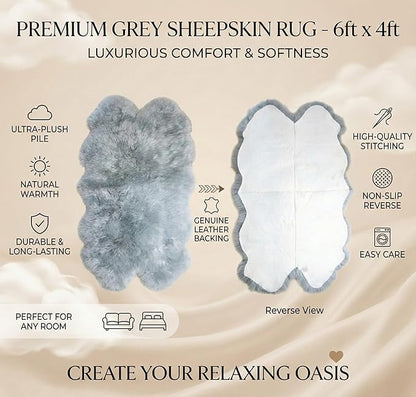 Woolous Sheepskin Rug 4x6 ft Gray - Genuine New Zealand Sheep Skin Rugs - Large Quad Natural Fluffy Area Rug - Real Sheepskin for Nursery Decor, Bedroom, Living Room - Soft & Luxurious 4 Pelt Rug