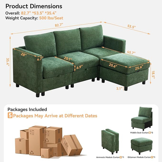 83' Modular Sectional Sofa Convertible L Shaped Couch Set for Living Room, 4 Seat Storage Modular Sofa with Movable Ottoman, Chenille Dark Green