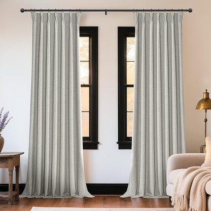 Joydeco Greyish White Pinch Pleated Thick Linen Curtains 90 Inch Long 2 Panel Set for Living Room, Double-Faced Curtain for Bedroom, Back Tab Blackout Drapes with Adjustable Hooks (40”W x90”L)
