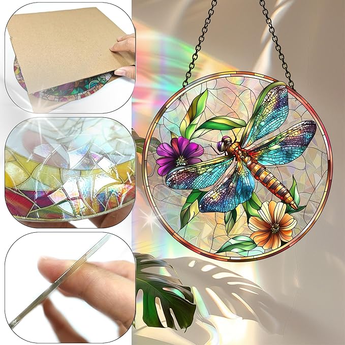 Bimkole Dragonfly Sun Catchers Indoor Window - Flowers Acrylic Suncatcher Hanging Decoration for Living Room Bedroom Summer Home Balcony Outdoor Garden Ornaments Decoration 7.8x7.8 Inch