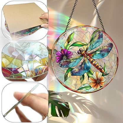 Bimkole Dragonfly Sun Catchers Indoor Window - Flowers Acrylic Suncatcher Hanging Decoration for Living Room Bedroom Summer Home Balcony Outdoor Garden Ornaments Decoration 7.8x7.8 Inch