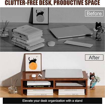Monitor Stand Riser with Storage, 2 Tier Desk Organizer & Desktop Wood Shelf, Ergonomic Computer Stand for Laptop, PC & Printer, 16" Small TV Riser with 50 lbs Weight Capacity, Walnut Brown
