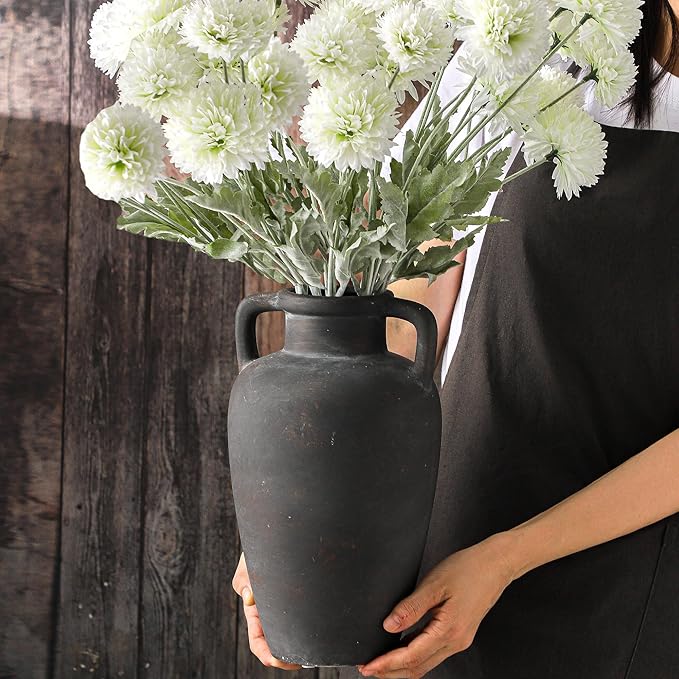 Ceramic Flower Vase with Handles, 11 inch Tall Vase for Centerpieces, Large Decorative Terracotta Vases, Farmhouse Rustic Vases for Home Decor, Living Room, Table, Neutral