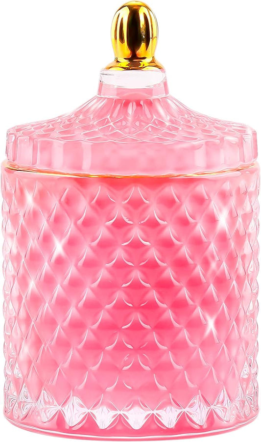 Pink Candy Jar, Glass Candy Dish with Lid, Crystal Apothocary Jars with Lids Jewelry Box with Lids, Decorative Glass Jar Gifts for Women