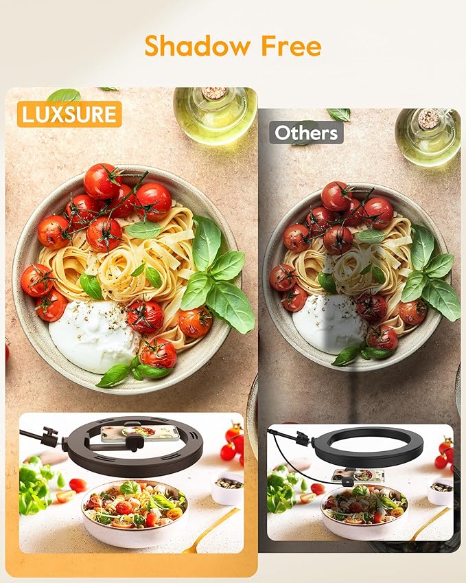 Ring Light with Stand for Desk,Adjustable Overhead Phone Mount with 10" Ring Light Tripod for iPhone,Phone Tripod with Light and Remote Phones Holder for Video Recording,Live Stream,Cooking Video