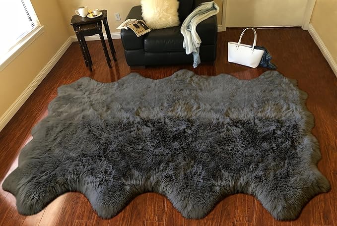 Free Shape Luxury Soft Fluffy Shag Area Rug Octo 8 Pelts 6'x8',180x240 cm - Vegan Fur Ultra Soft Indoor Carpet Nursery Rugs for Bedroom Home Decor, Dark Grey