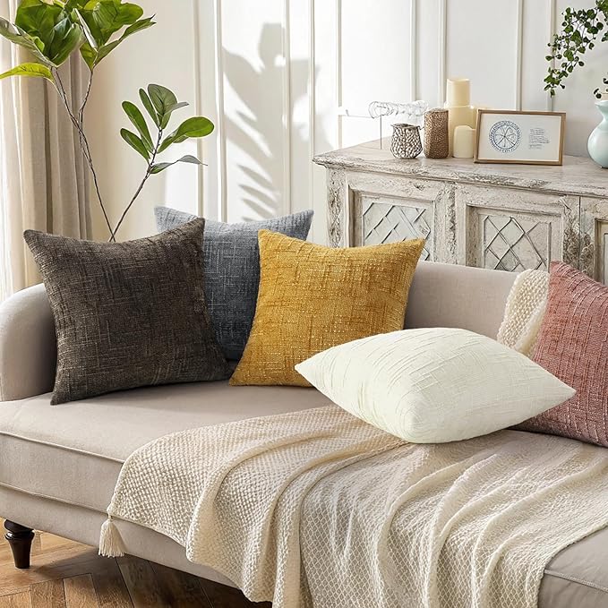 decorUhome Spring Pink Chenille Throw Pillow Covers 20x20 Set of 2 Textured Slubby Couch Pillow Covers Farmhouse Accent Modern Neutral Decorative Pillow Cases for Bed Sofa Living Room