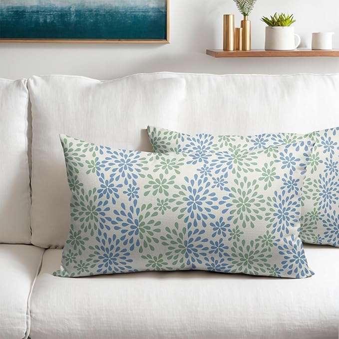 Blue Green Lumbar Pillow Covers 12x20 Set of 2 Modern Geometry Dahlia Floral Print Outdoor Decorative Linen Zipper Throw Pillows Cases Cushion Cover Rustic Decoration Farmhouse Sofa Couch Bed Decor