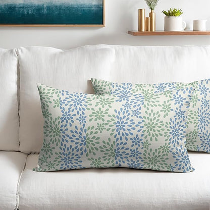 Blue Green Lumbar Pillow Covers 12x20 Set of 2 Modern Geometry Dahlia Floral Print Outdoor Decorative Linen Zipper Throw Pillows Cases Cushion Cover Rustic Decoration Farmhouse Sofa Couch Bed Decor