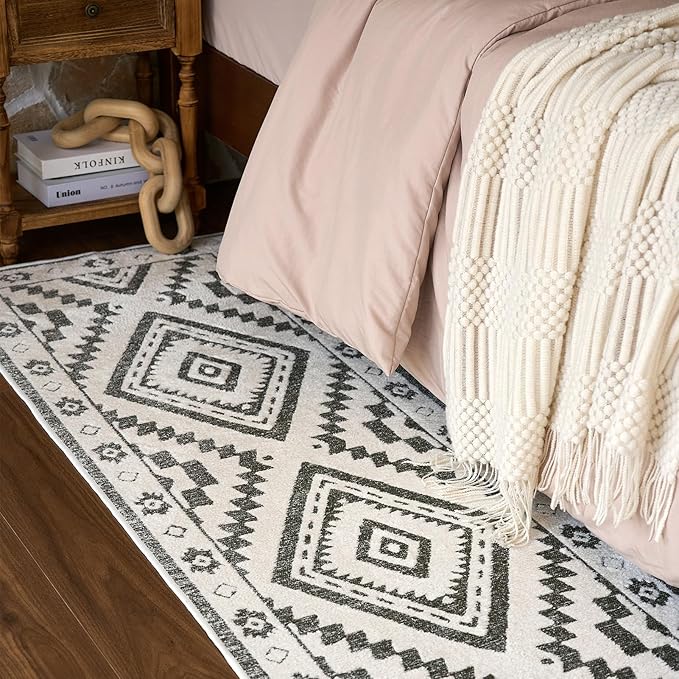 Moroccan Washable Runner Rug 2x8, Geometric Woven Area Rug, Farmhouse Boho Hallway Rug Runner, Non-Slip Soft Lightweight Throw Rug for Bedroom Living Room Laundry Kitchen, Olive Green/White
