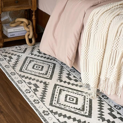 Moroccan Washable Runner Rug 2x8, Geometric Woven Area Rug, Farmhouse Boho Hallway Rug Runner, Non-Slip Soft Lightweight Throw Rug for Bedroom Living Room Laundry Kitchen, Olive Green/White