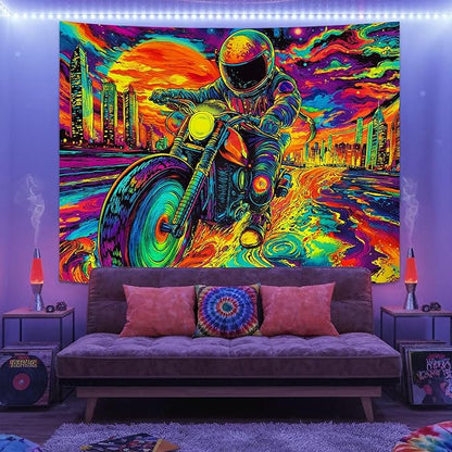 Blacklight Astronaut Tapestry Wall Hanging Space Galaxy Travel Funny Motorcycle Tapestries for Bedroom Colorful Aesthetic Cool Wall Art for Guys Gamer Room Dorm Living Room (motorcycle, 80''×60'')