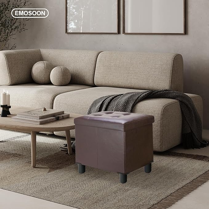 18 Inches Cube Storage Ottoman, Faux Leather Collapsible Square Folding Ottoman Furniture with Storage for Living Room Bedroom, Foot Rest Foot Stool with Legs, Brown 18x18x18 Inches