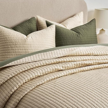 EVERGRACEHOME Cotton Sateen Quilt Set Queen Size, Pre-Washed Cotton Channel Stitch Coverlet Bedspread, 3 Pieces Lightweight Soft Bedding Sets for All Season, with 2 Pillow Shams, Light Sand