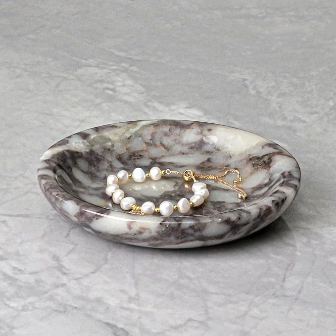 ZSHAWN Natural Marble Ring Dish Jewelry Tray – 5.5" Trinket Dish for Rings Earrings Necklace, Scratch-Resistant Vanity Organizer, Elegant Gift for Women (Calacatta Viola)