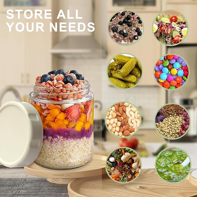 4 Pack Glass Overnight Oats Jars with Airtight Lid, 16OZ Wide Mouth Mason Jars, Leak Proof Glass Food Storage Containers for Yogurt, Oats, Chia Pudding, Snacks, Spice, Sugar