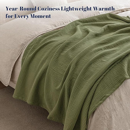 PHF 100% Cotton Muslin Blanket King Size 108"x90", 4-Layer Lightweight Gauze Throw, Breathable Cloud-Soft Minimalist Blanket for Bed, Couch, Camping & Baby, Olive Green, Ideal Gift
