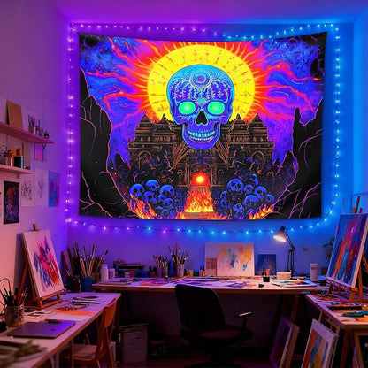 seewan Black Light Mystic Skull Tapestry, Glow-in-the-Dark UV Neon Blue Skeleton with Yellow Sun Halo Tapestry, Psychedelic Ancient Temple Wall Hanging, Bedroom Dorm Living Room Background Decor